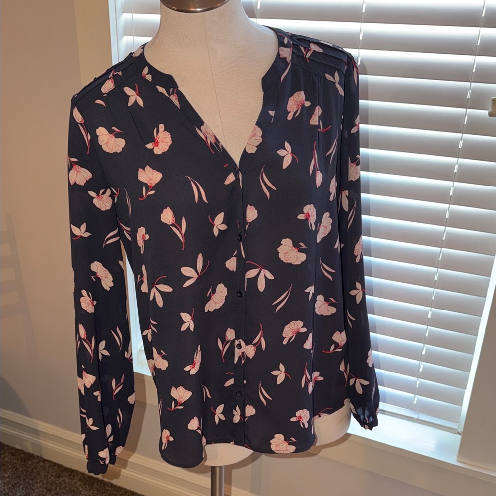 LC Lauren Conrad Navy Floral Blouse